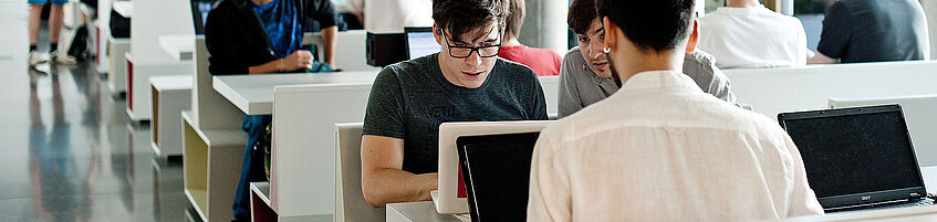 Zwei Studierende arbeiten an ihren Laptops