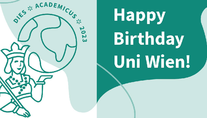 Logo des Dies Academicus in Grün und "Happy Birthday"-Schriftzug