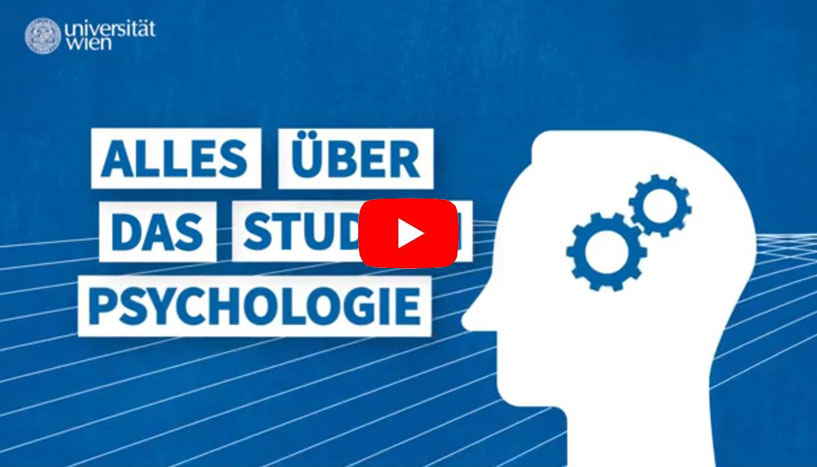 Screenshot aus dem Video mit YouTube-Button; zu sehen ist ein weißer Kopf mit blauen Zahnrädern und dem Text "Alles über das Studium Psychologie".